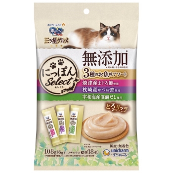 ユニ・チャーム三ツ星グルメおやつにっぽんＳｅｌｅｃｔ無添加とろリッチ３種のお魚味アソート１０８ｇ