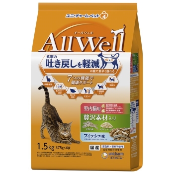 ユニ・チャーム　ＡｌｌＷｅｌｌ室内猫用贅沢素材フィッシュ味天然小魚とささみフリーズドライ1.5ｋｇ