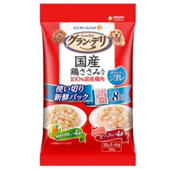 グラン・デリ　国産鶏ささみ入りパウチ使い切り新鮮パックジュレ成犬用緑黄色野菜入り＆ﾋﾞｰﾌ入り１６０ｇ
