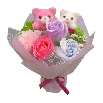 【在庫限り】アニマルスタンドブーケ　ネコツイン（造花）