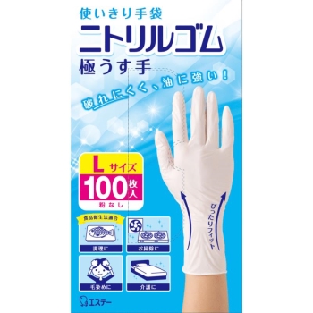 使いきり手袋ニトリルゴム極うす手Ｌホワイト１００枚
