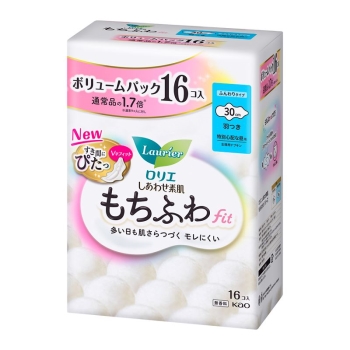 花王　ロリエ　しあわせ素肌　もちふわｆｉｔ　ボリュームパック　特別心配な昼用３０ｃｍ　羽つき　１６個