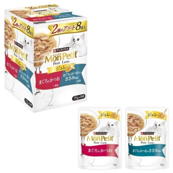 ネスレ日本　モンプチプチリュクスパウチジュレ２種のアソートまぐろかつお＆まぐろささみ３５ｇ×８Ｐ