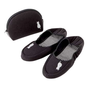 ポーチ入りネコ刺繍ニット携帯スリッパ