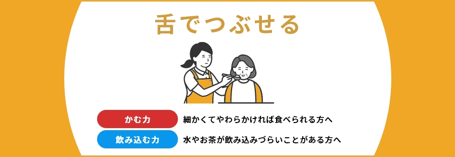 舌でつぶせる 細くてやわらかければ食べられる方へ 水やお茶が飲み込みづらいことがある方へ